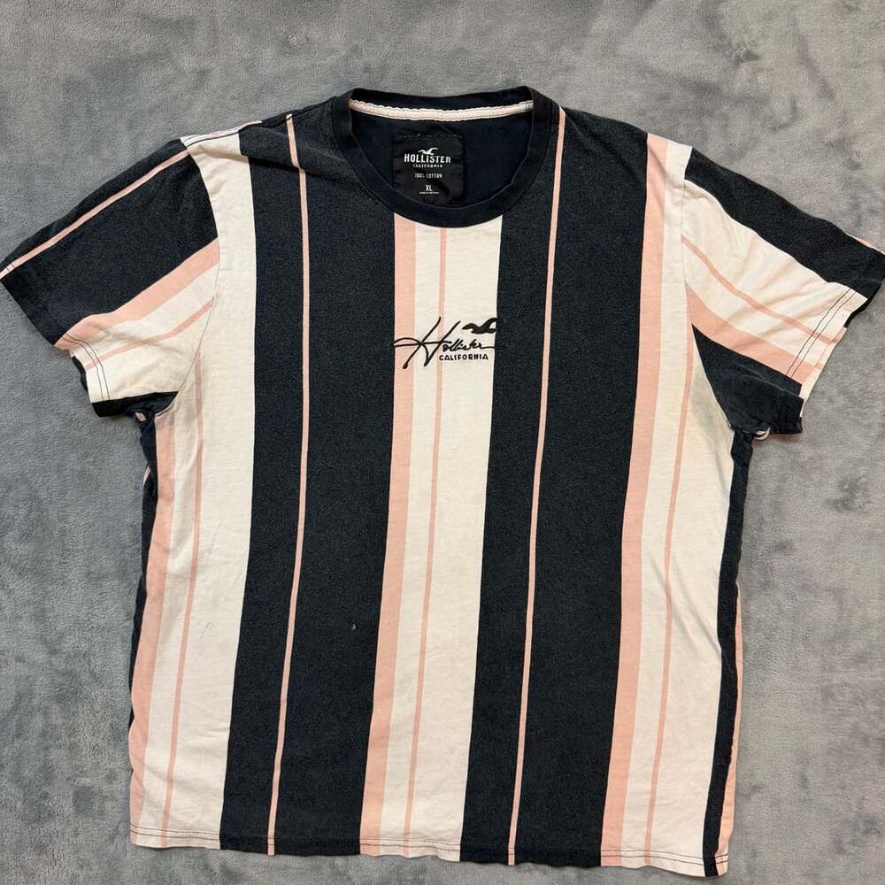 Hollister Striped T-Shirt Size XL Black Pink White Cotton